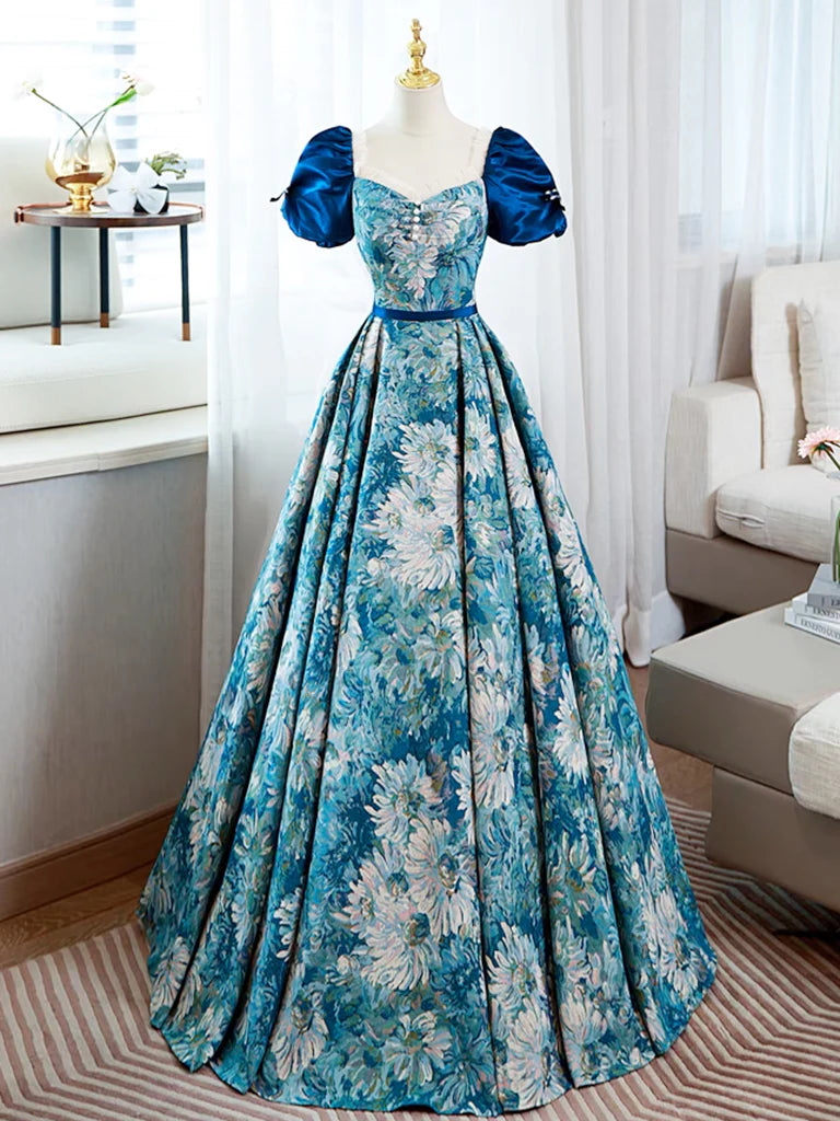Buyishang A-Line Puff Sleeves Satin Blue Long Prom Dress Blue Long Formal Dress