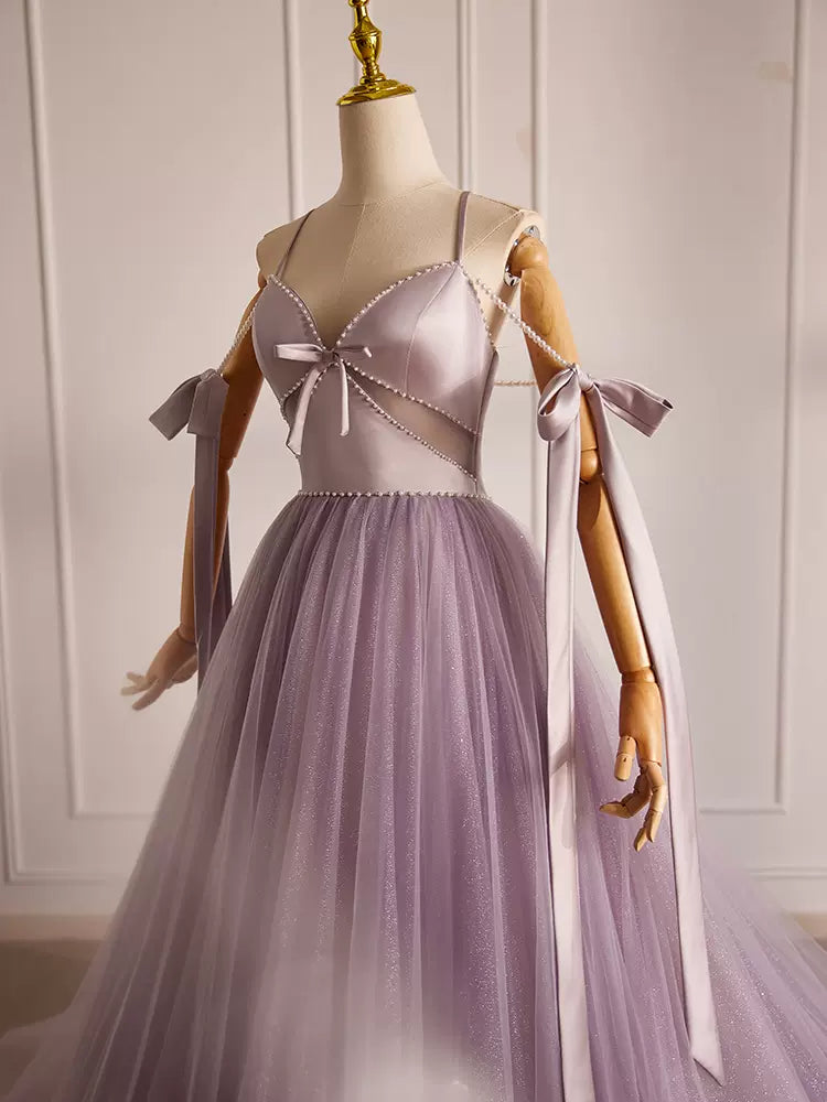 Buyishang A-Line V Neck Tulle Beads Purple Long Prom Dress Purple Long Formal Dress