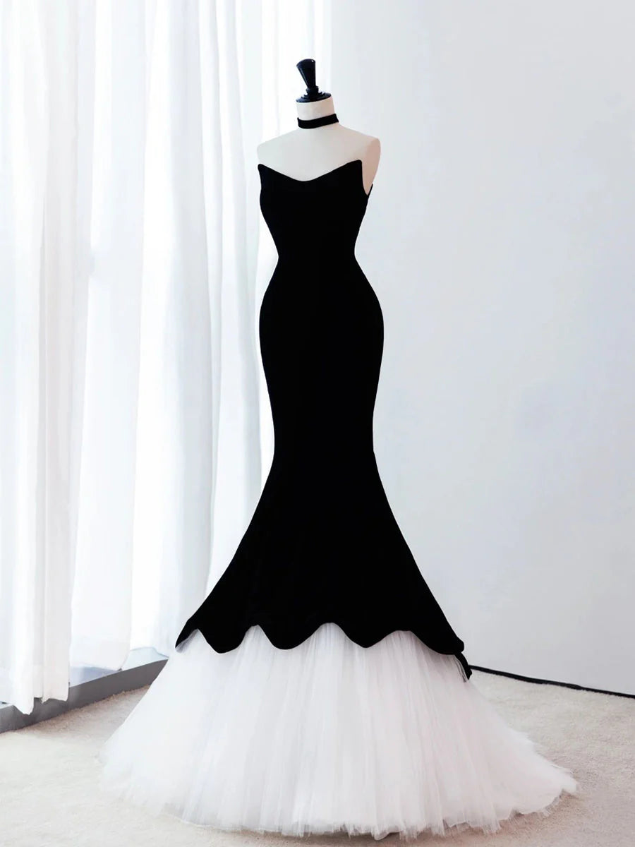 Buyishang Black/White Velvet Mermaid Long Prom Dress Black Formal Evening Dress