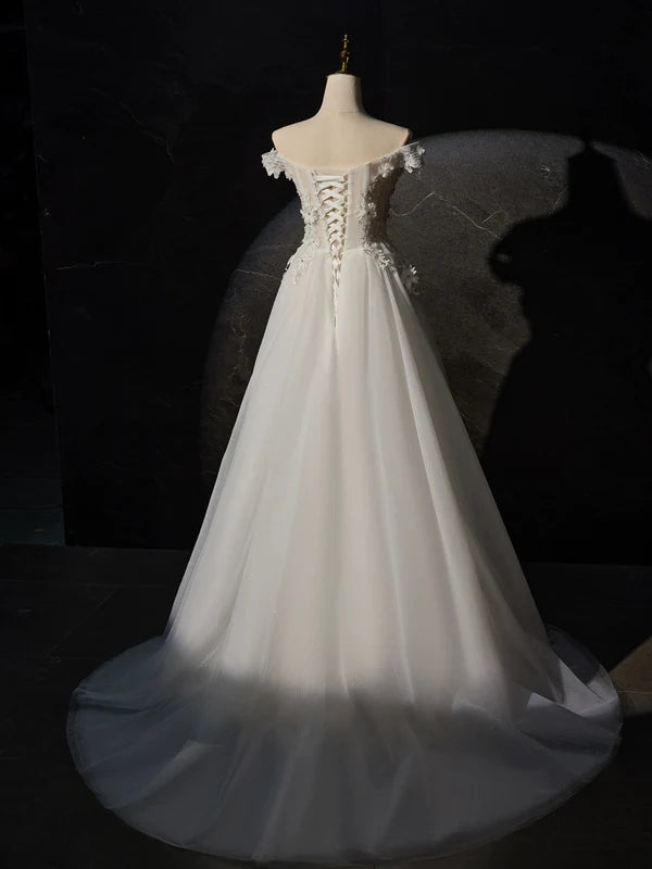 White A-line Off the Shoulder Flowers and Tulle Formal Dress Beautiful Long Evening Party Dress