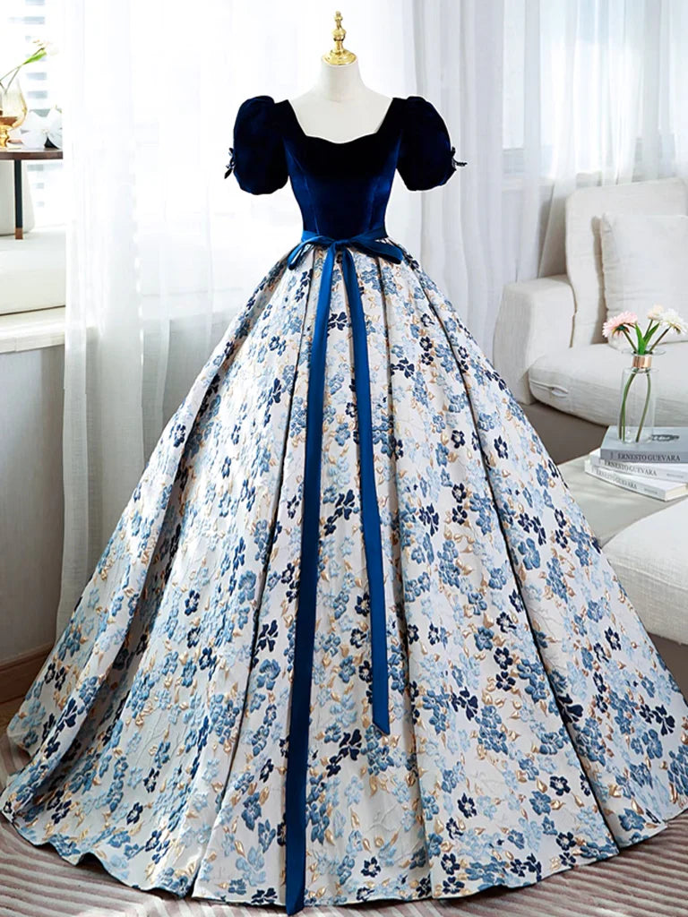 Buyishang A-Line Satin Velvet Blue Long Prom Dress Blue Long Formal Dress