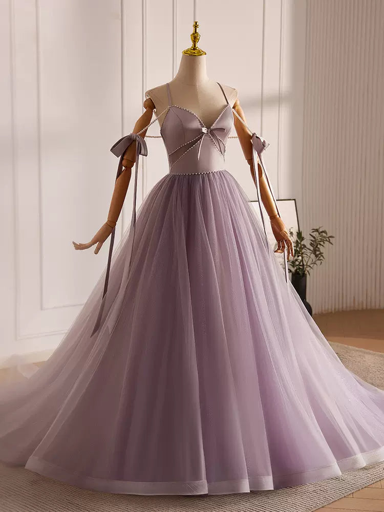 Buyishang A-Line V Neck Tulle Beads Purple Long Prom Dress Purple Long Formal Dress