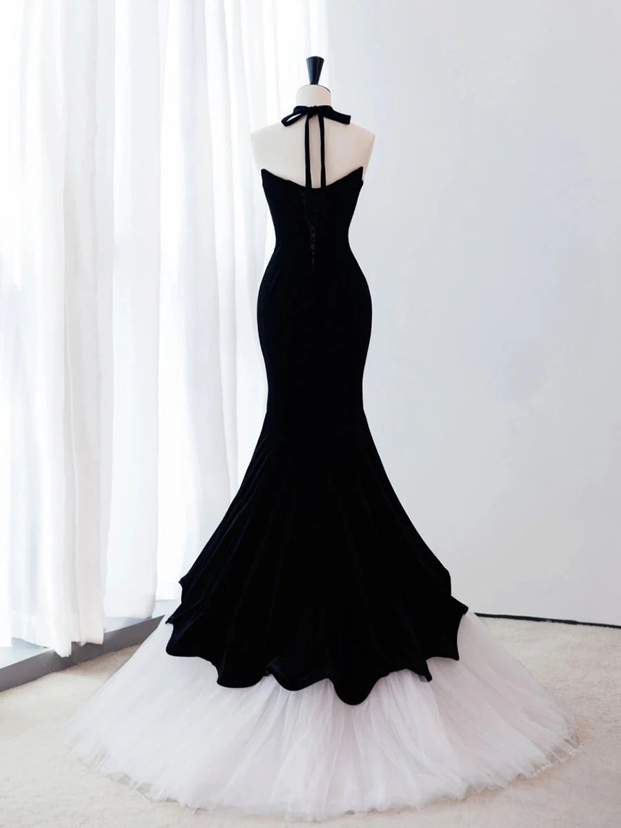 Buyishang Black/White Velvet Mermaid Long Prom Dress Black Formal Evening Dress
