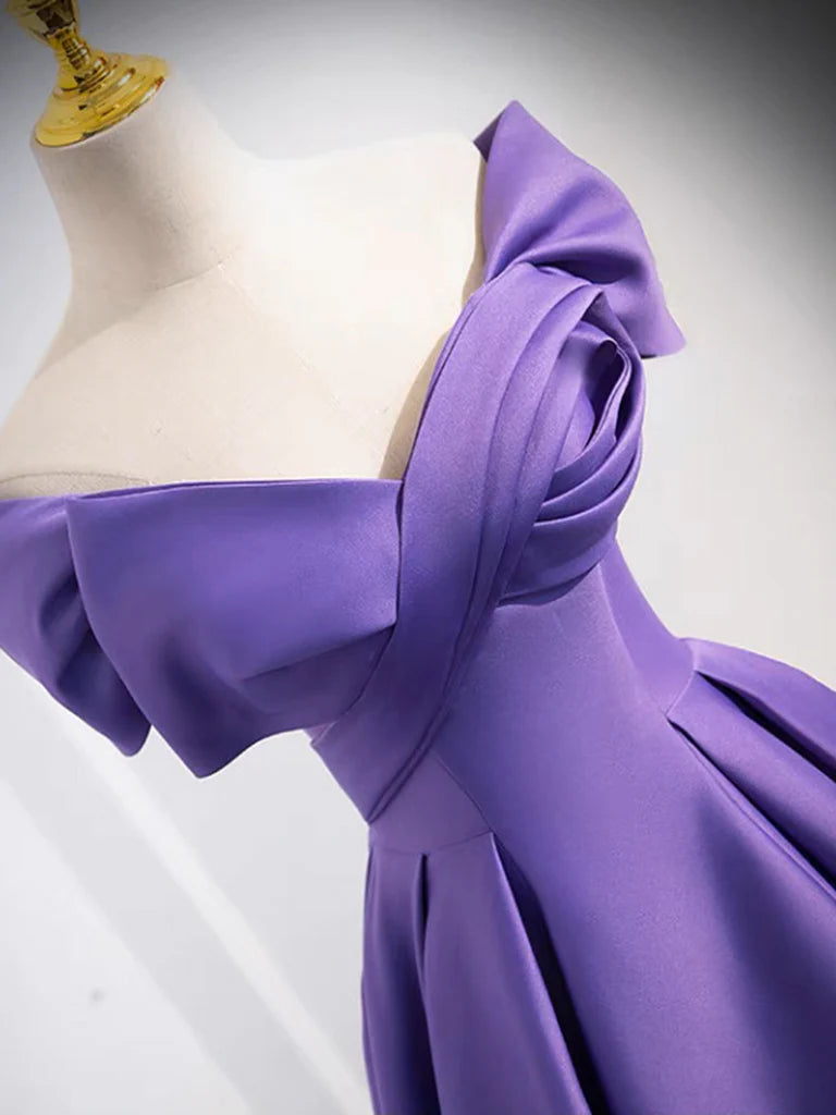 Buyishang A-Line off Shoulder Satin Purple Long Prom Dress Purple Long Evening Dress