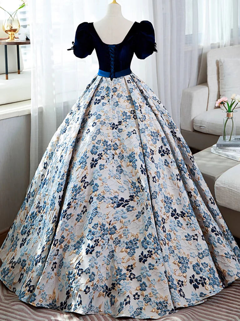 Buyishang A-Line Satin Velvet Blue Long Prom Dress Blue Long Formal Dress