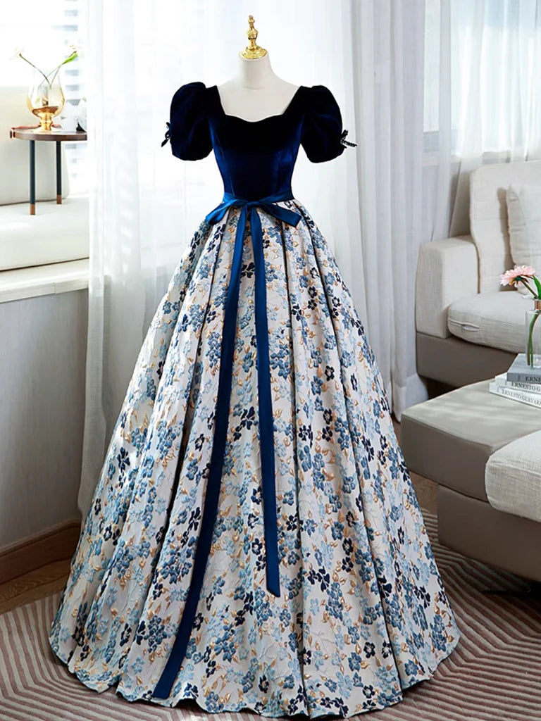 Buyishang A-Line Satin Velvet Blue Long Prom Dress Blue Long Formal Dress