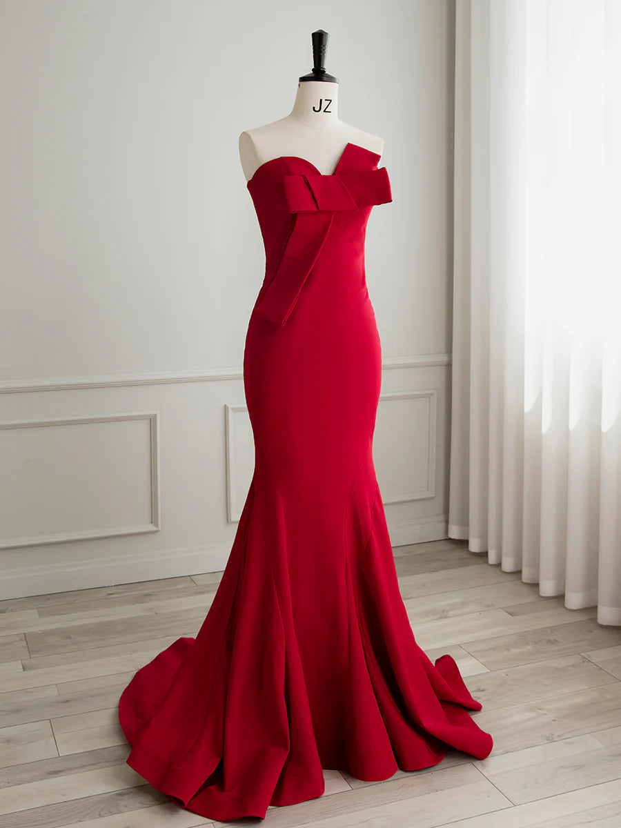 Buyishang Simple Red Satin Mermaid Long Prom Dress Red Formal Evening Dress