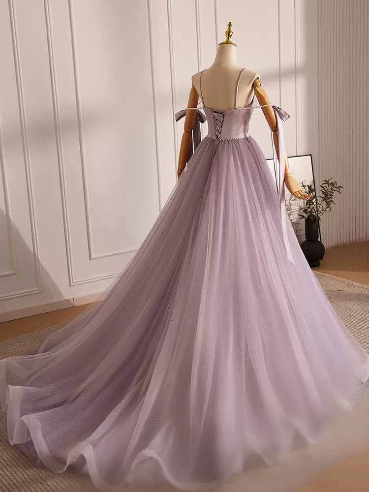 Buyishang A-Line V Neck Tulle Beads Purple Long Prom Dress Purple Long Formal Dress