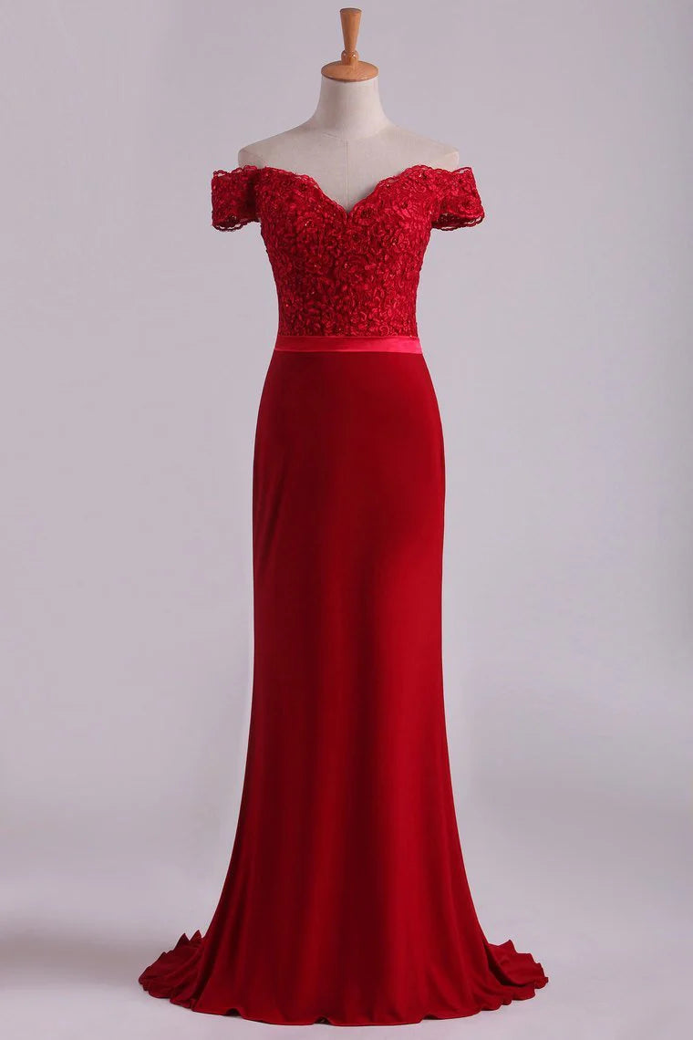 Off The Shoulder Party Dresses Spandex Burgundy/Maroon Sweep Train With Applique