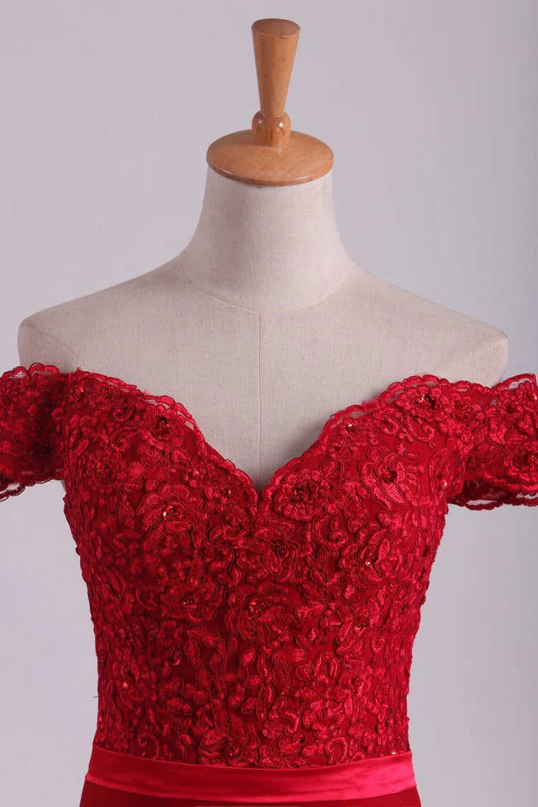 Off The Shoulder Party Dresses Spandex Burgundy/Maroon Sweep Train With Applique