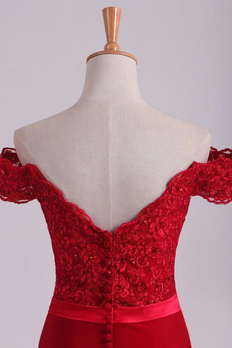 Off The Shoulder Party Dresses Spandex Burgundy/Maroon Sweep Train With Applique