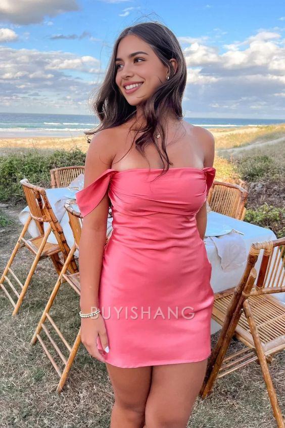 Buyishang Simple Off The Shoulder Satin Tight Short Dress Senior Homecoming Dress