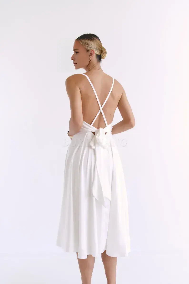 Buyishang Off White silk dress Satin pink dress Open back dress with circle skirt Wedding tea dress Sleeveless dress Prom dress graduation robe