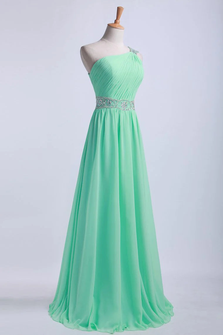One Shoulder A-Line Party Dresses Floor Length Chiffon With Beading&Sequins