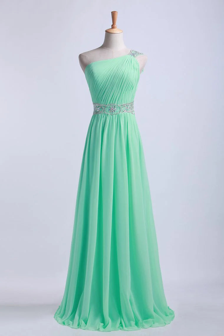 One Shoulder A-Line Party Dresses Floor Length Chiffon With Beading&Sequins
