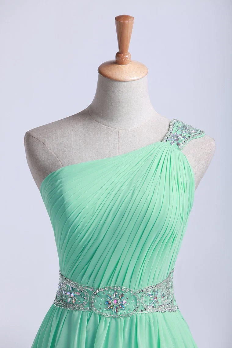 One Shoulder A-Line Party Dresses Floor Length Chiffon With Beading&Sequins