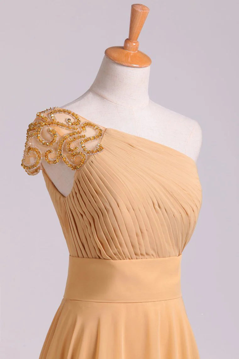 One Shoulder Party Dresses A Line Floor Length Chiffon Beaded New