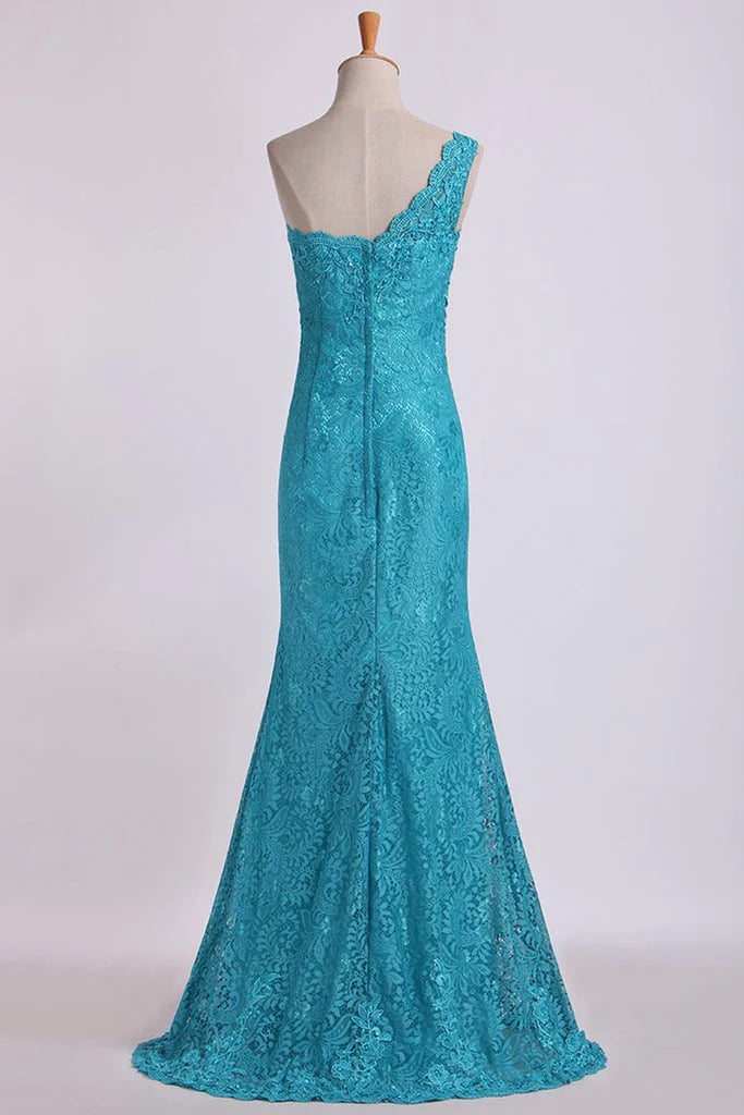 One-Shoulder Sheath Party Dresses Beaded Lace Floor-Length Zipper Back