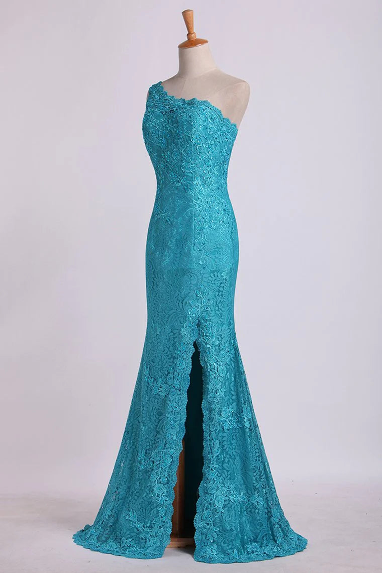 One-Shoulder Sheath Party Dresses Beaded Lace Floor-Length Zipper Back