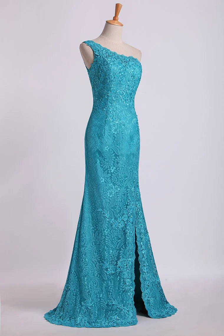 One-Shoulder Sheath Party Dresses Beaded Lace Floor-Length Zipper Back