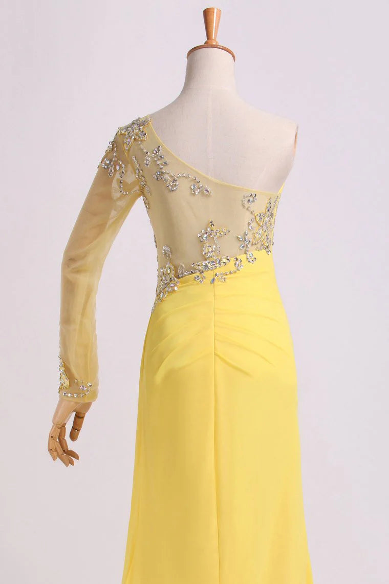 One Sleeve Column Floor Length Party Dress With Beading