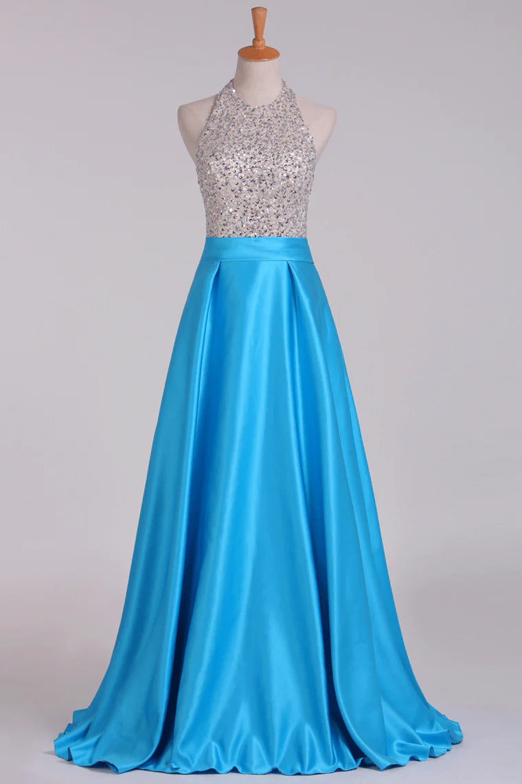 Open Back Halter Beaded Bodice Party Dresses Satin Floor-Length