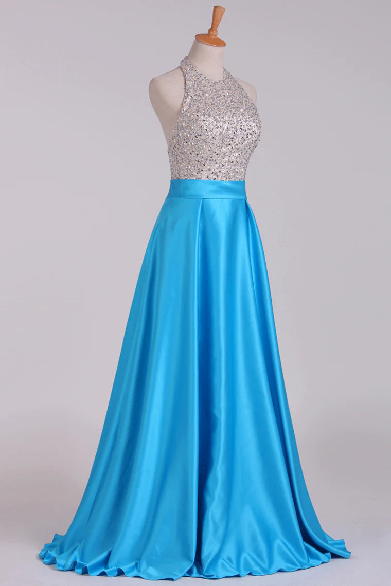 Open Back Halter Beaded Bodice Party Dresses Satin Floor-Length