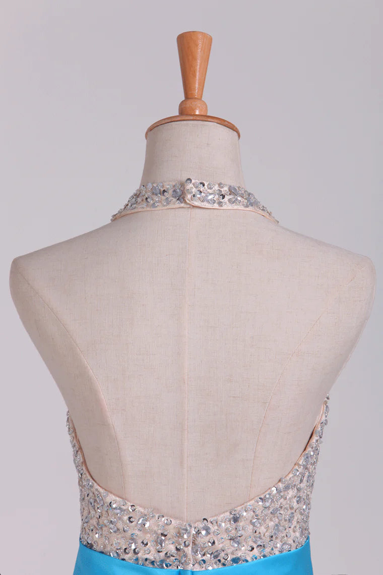 Open Back Halter Beaded Bodice Party Dresses Satin Floor-Length