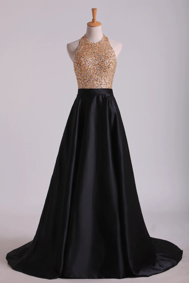 Open Back Halter Party Dresses Beaded Bodice Satin Sweep Train