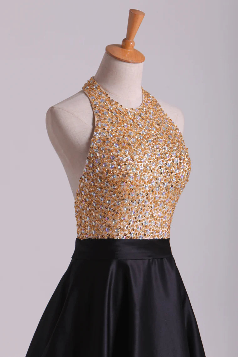 Open Back Halter Party Dresses Beaded Bodice Satin Sweep Train