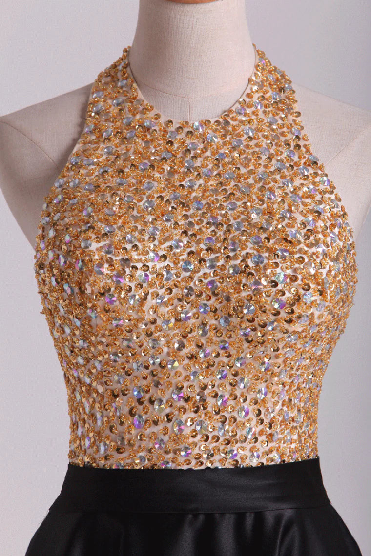 Open Back Halter Party Dresses Beaded Bodice Satin Sweep Train