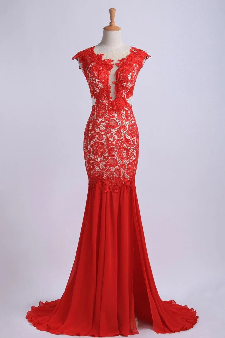 Open Back Party Dresses Mermaid Sweep/Brush Train Chiffon&Lace