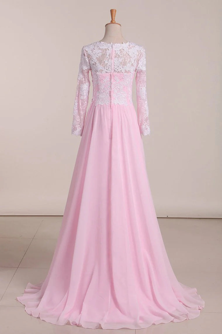 Open Back Scoop Chiffon With Applique And Slit Party Dresses A Line Sweep Train