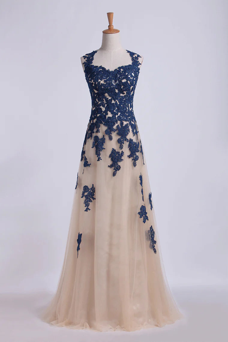 Back Tulle Party Dress Straps Floor Length Lace Bodice With Applique