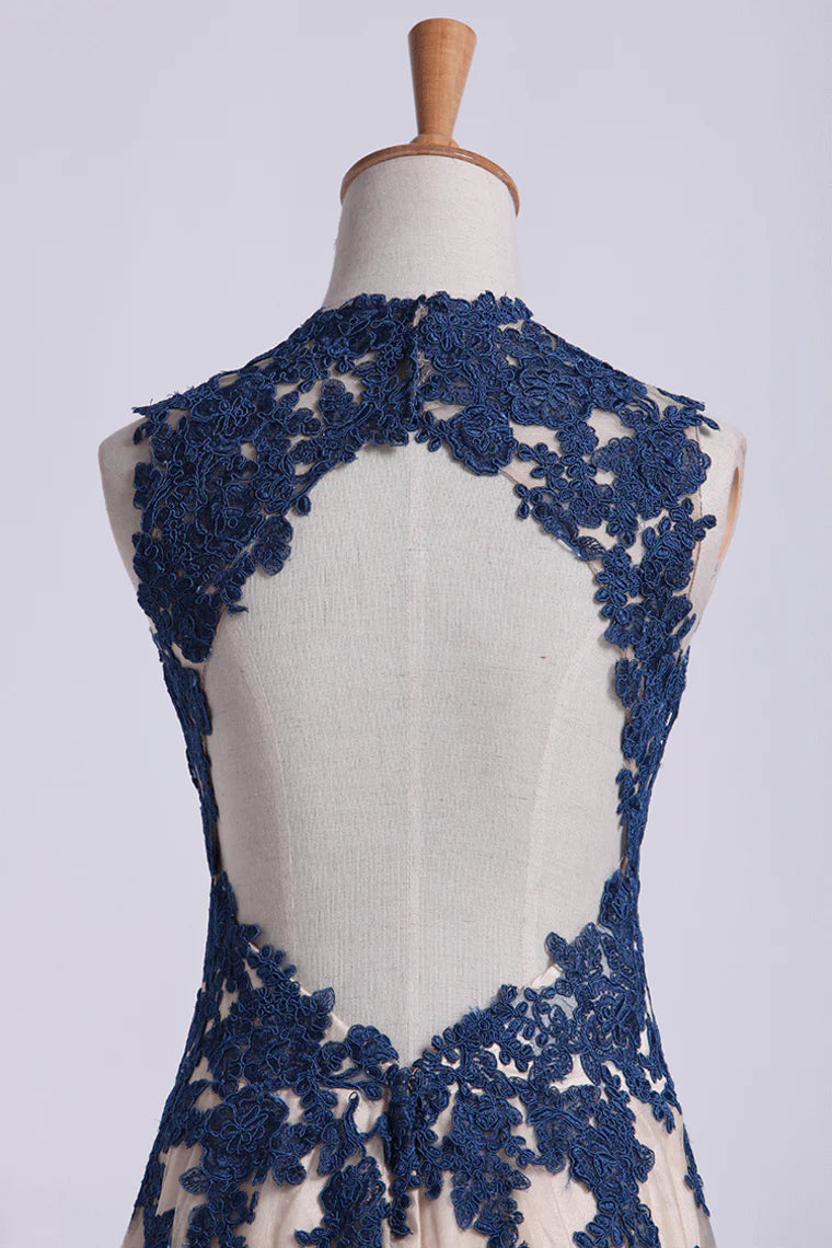 Back Tulle Party Dress Straps Floor Length Lace Bodice With Applique