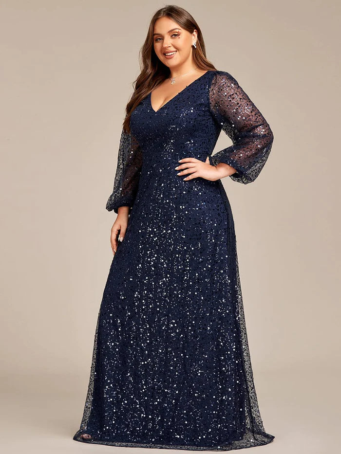 Plus Size V-Neck Lantern Long Sleeve Sequin A-Line Evening Dress/Prom Dresses