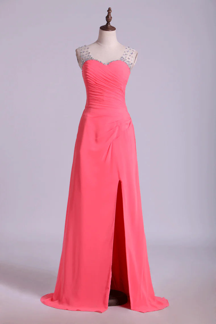 Party Dress Beaded Sweetheart Neckline & Straps Ruffled Bodice With Slit