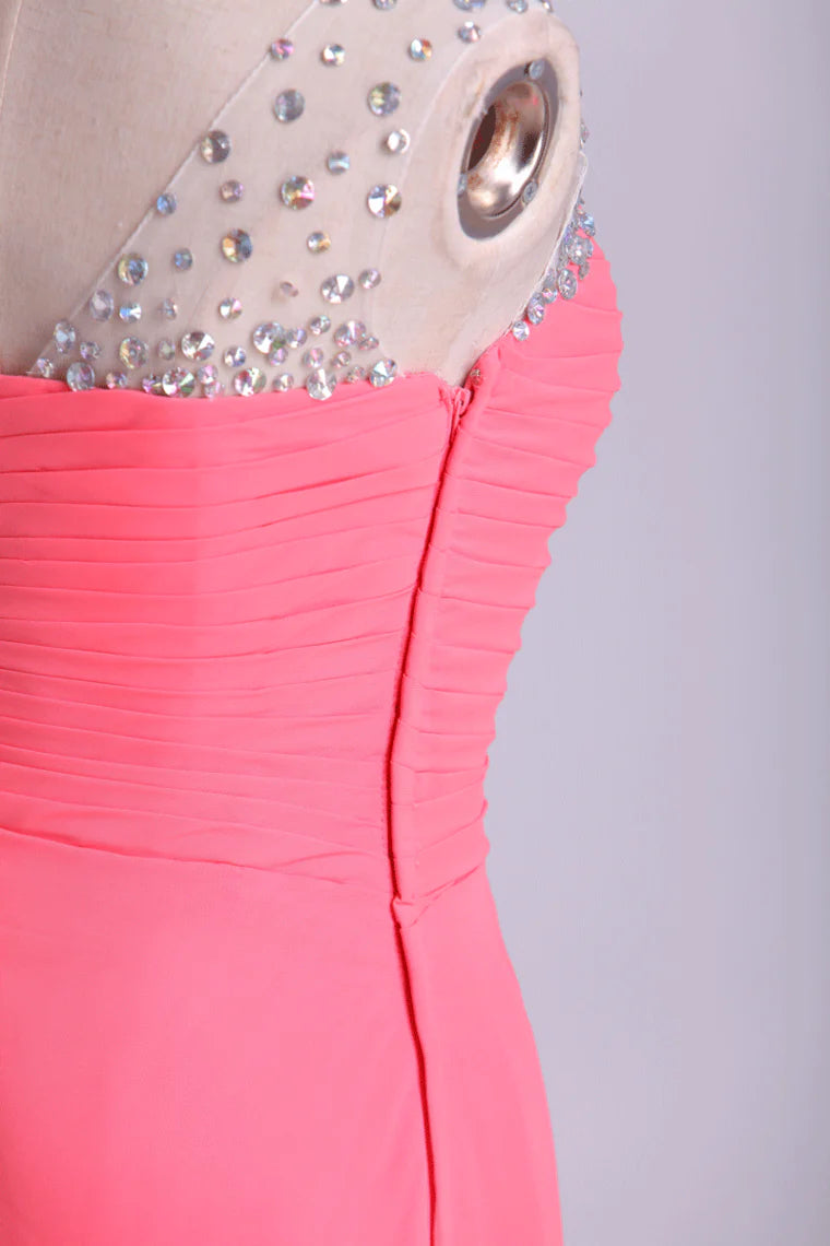 Party Dress Beaded Sweetheart Neckline & Straps Ruffled Bodice With Slit