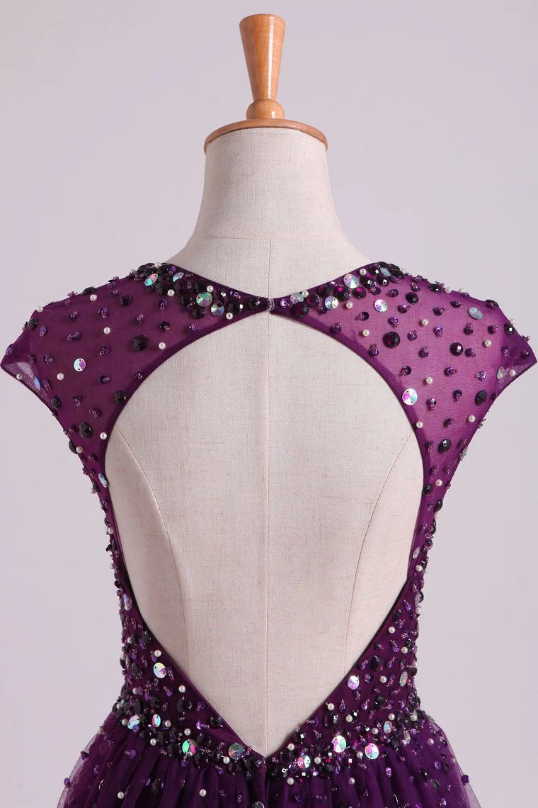 Party Dress Scoop A Line/Princess Open Back Tulle With Beads