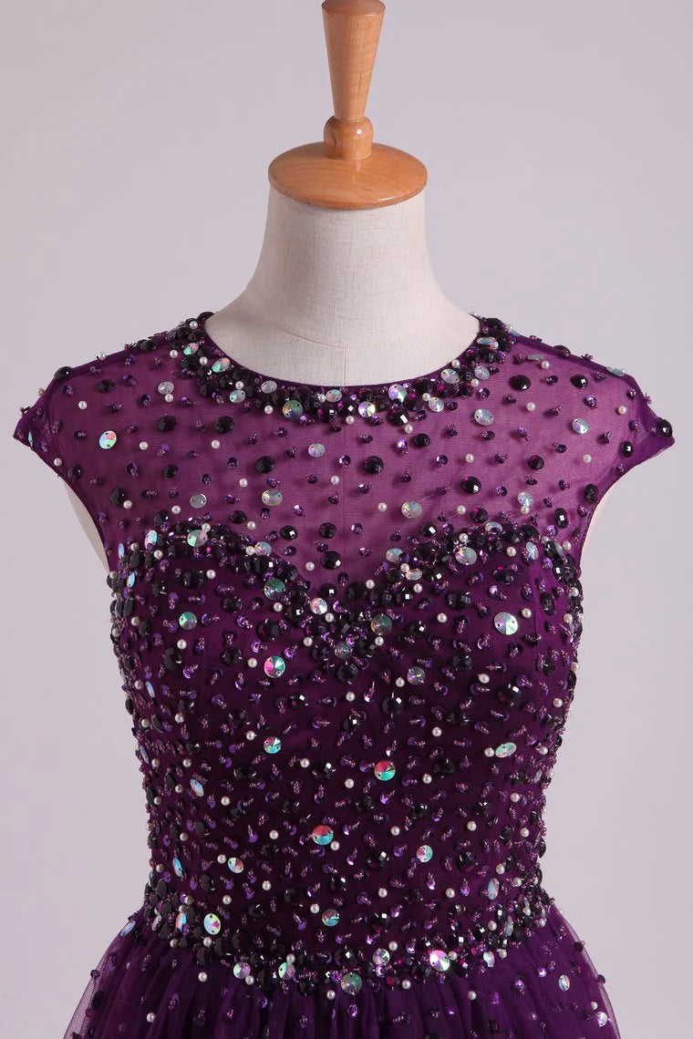 Party Dress Scoop A Line/Princess Open Back Tulle With Beads