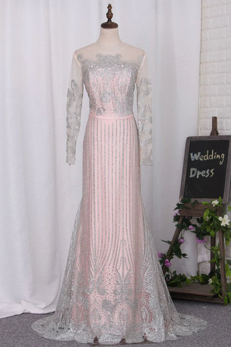 Party Dress Scoop Long Sleeves Sweep Train