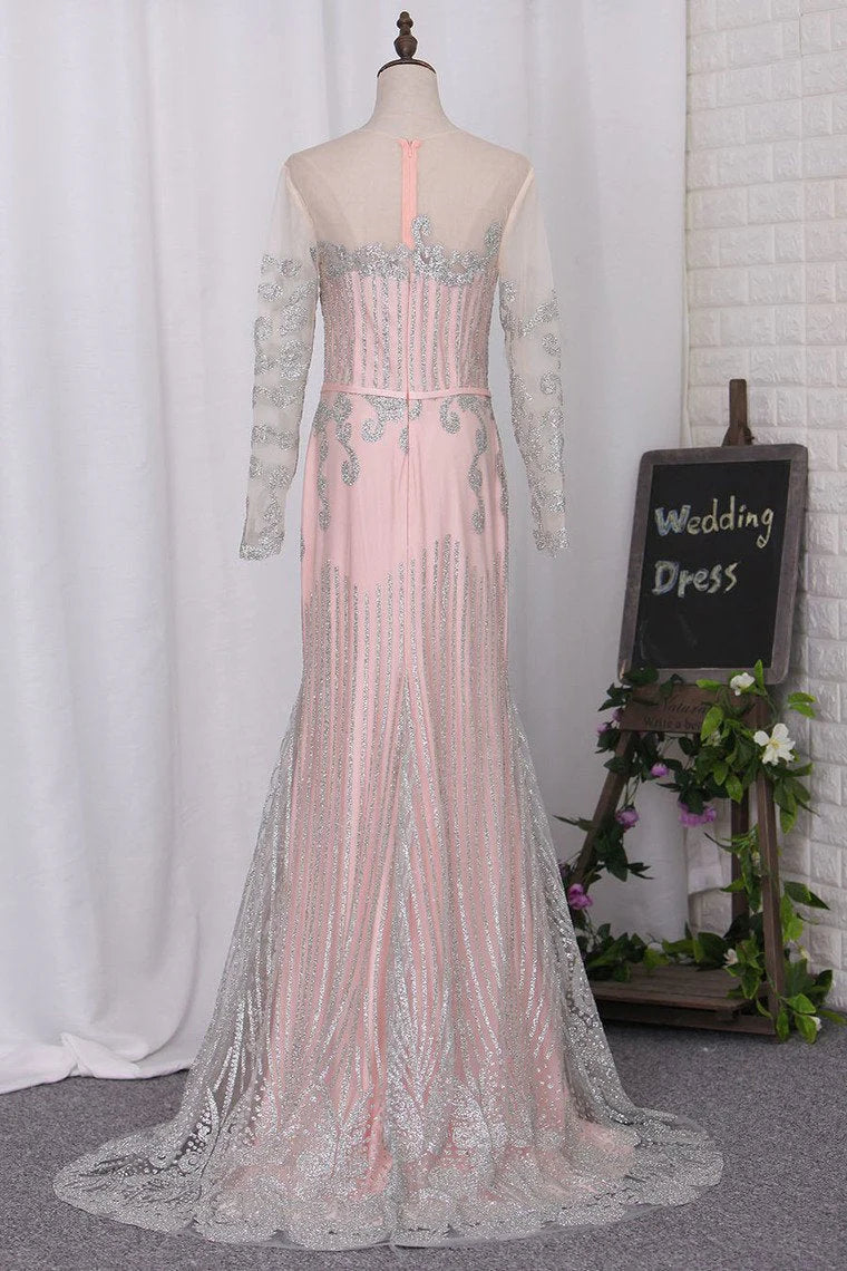 Party Dress Scoop Long Sleeves Sweep Train