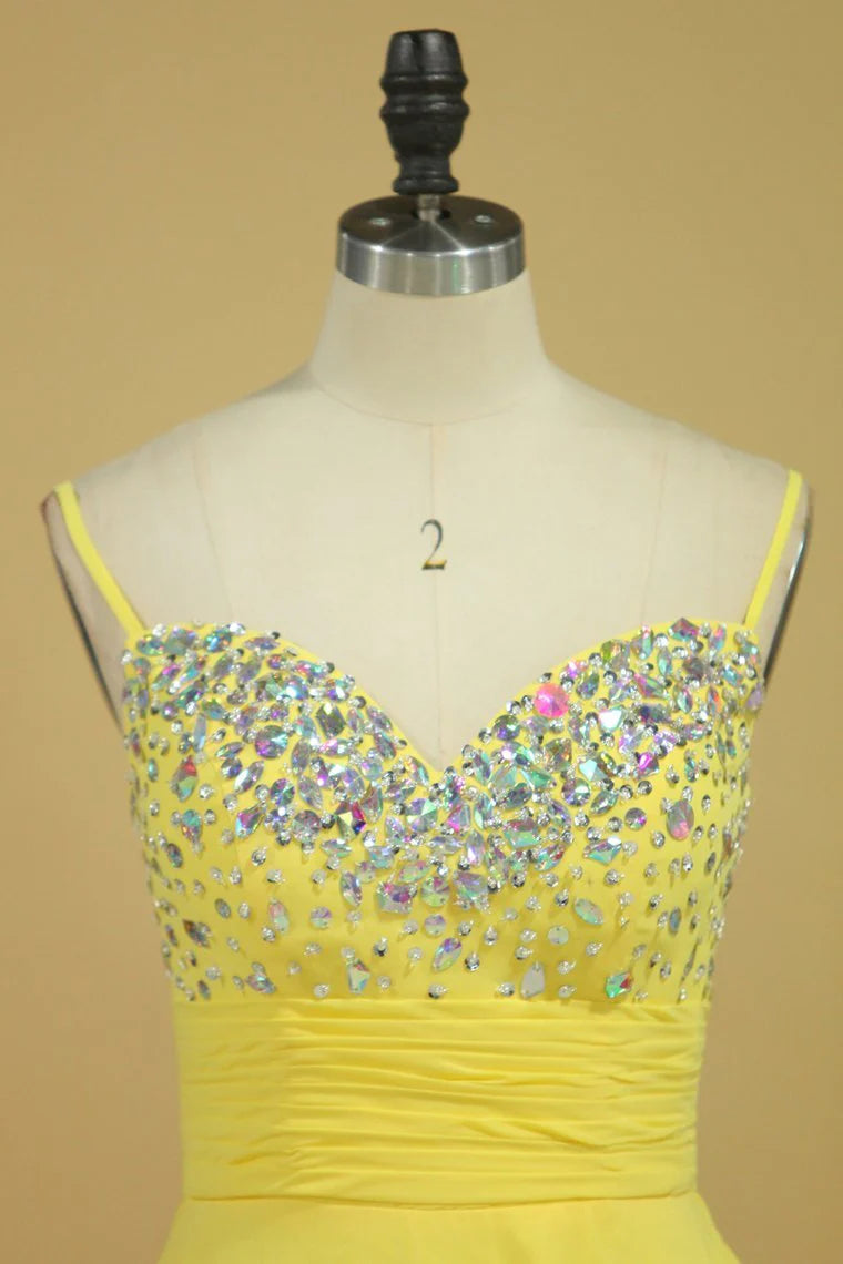 Party Dress Spaghetti Straps Rhinestone Beaded Bodice Runched Waistband With Flowing Chiffon Skirt