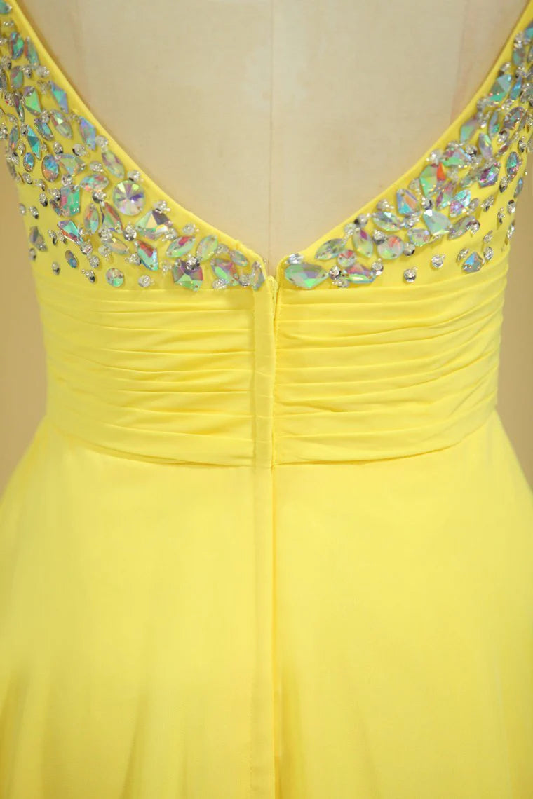 Party Dress Spaghetti Straps Rhinestone Beaded Bodice Runched Waistband With Flowing Chiffon Skirt