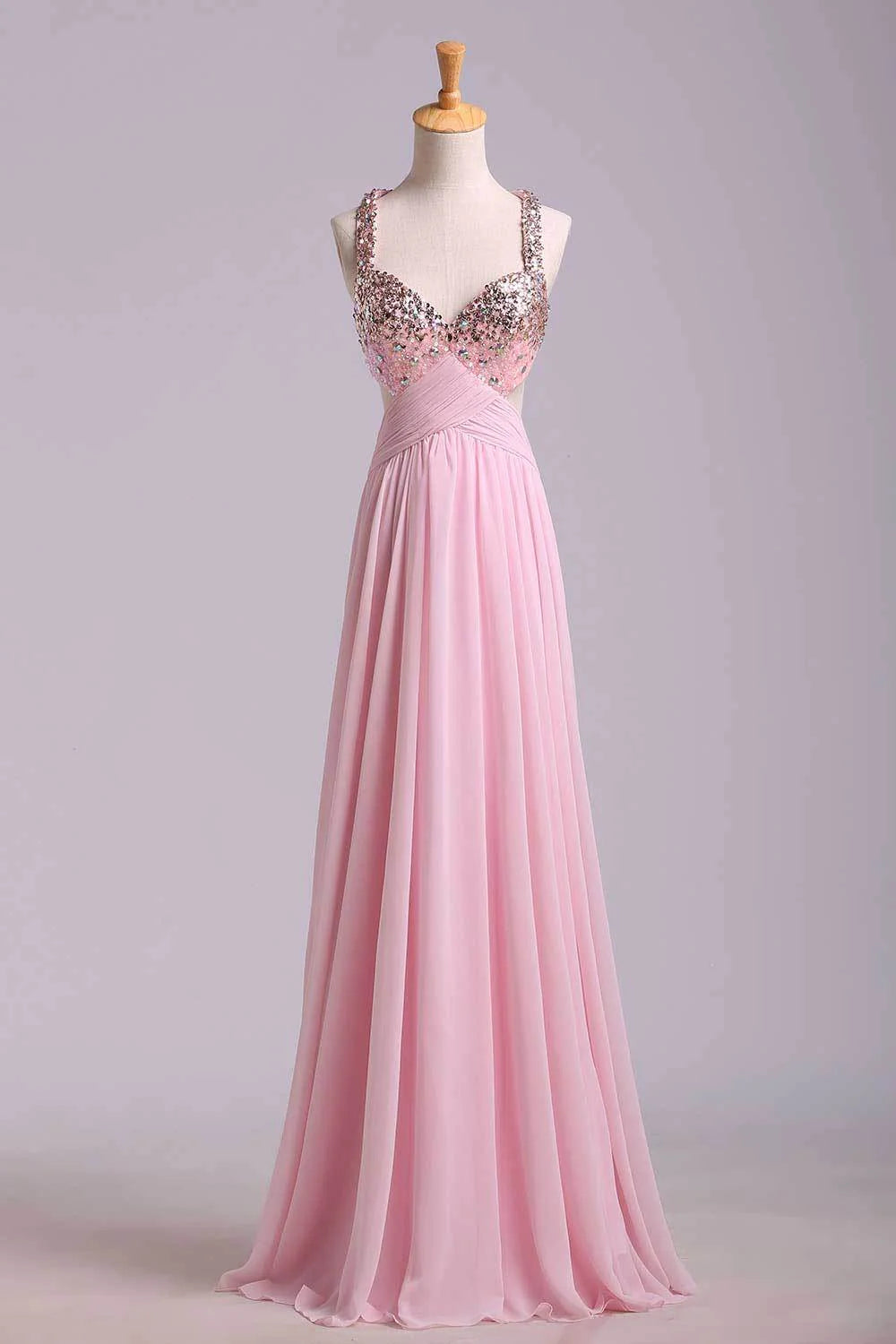 Party Dresses A-Line Cross Back Floor-Length Chiffon Pink Ready To Ship