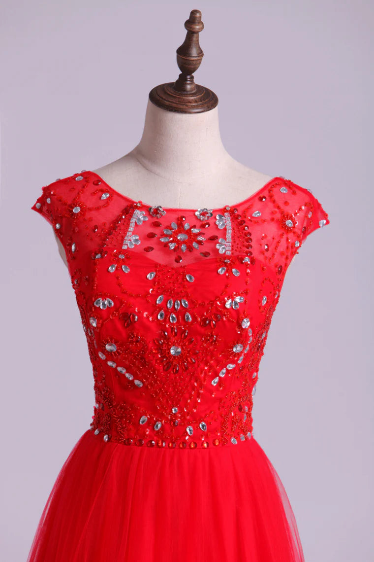 Party Dresses A Line Scoop Long Tulle V Back