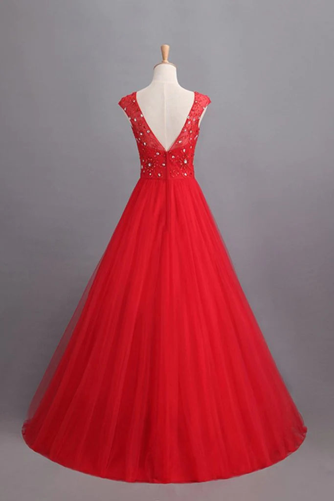 Party Dresses A Line Scoop Long Tulle V Back Red
