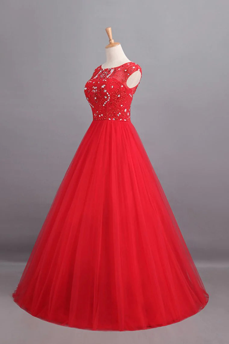 Party Dresses A Line Scoop Long Tulle V Back Red