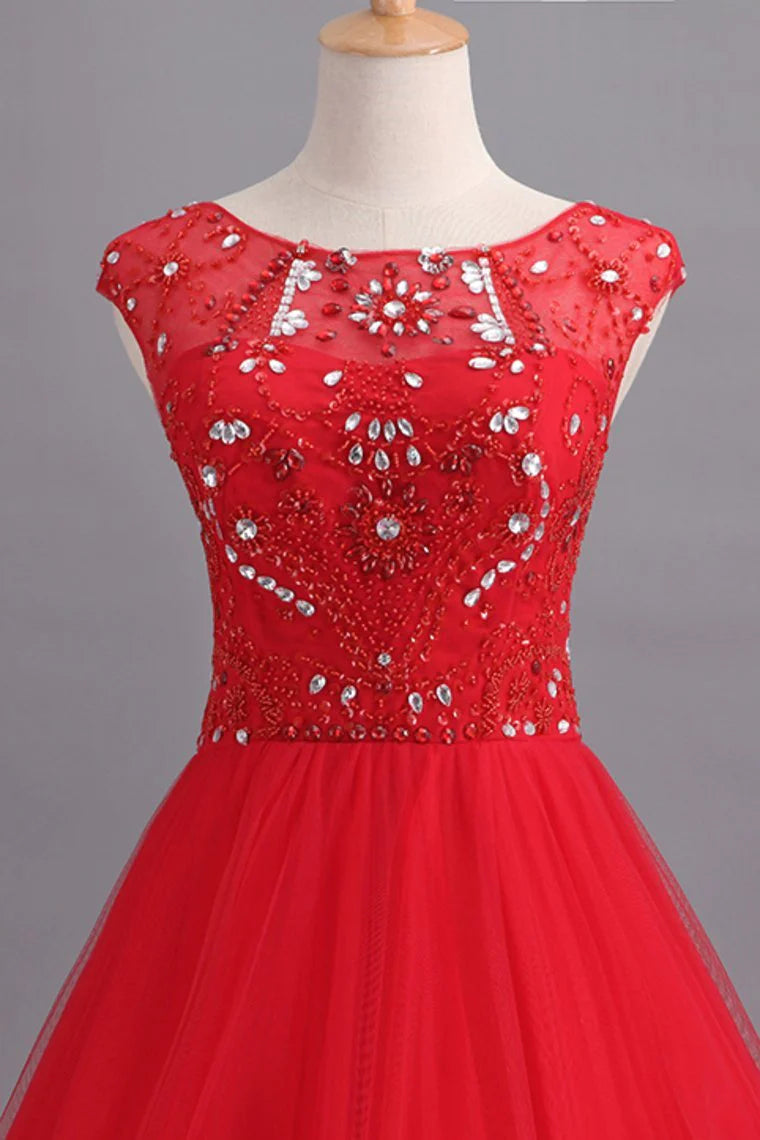 Party Dresses A Line Scoop Long Tulle V Back Red