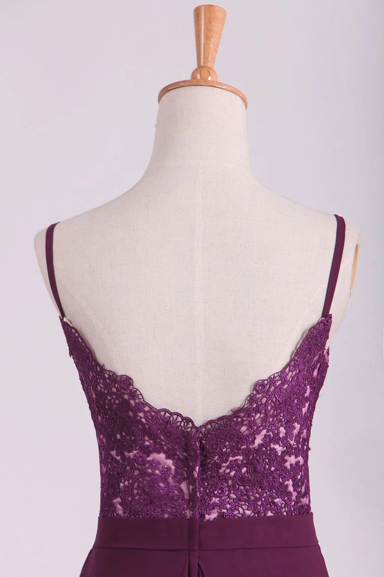 Party Dresses A Line Spaghetti Straps Chiffon With Applique Floor Length